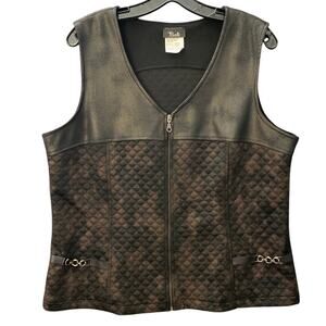 Faux Leather Quilted Women's Vest Size TG XL Moto Zip Up Metallic Chain Detail